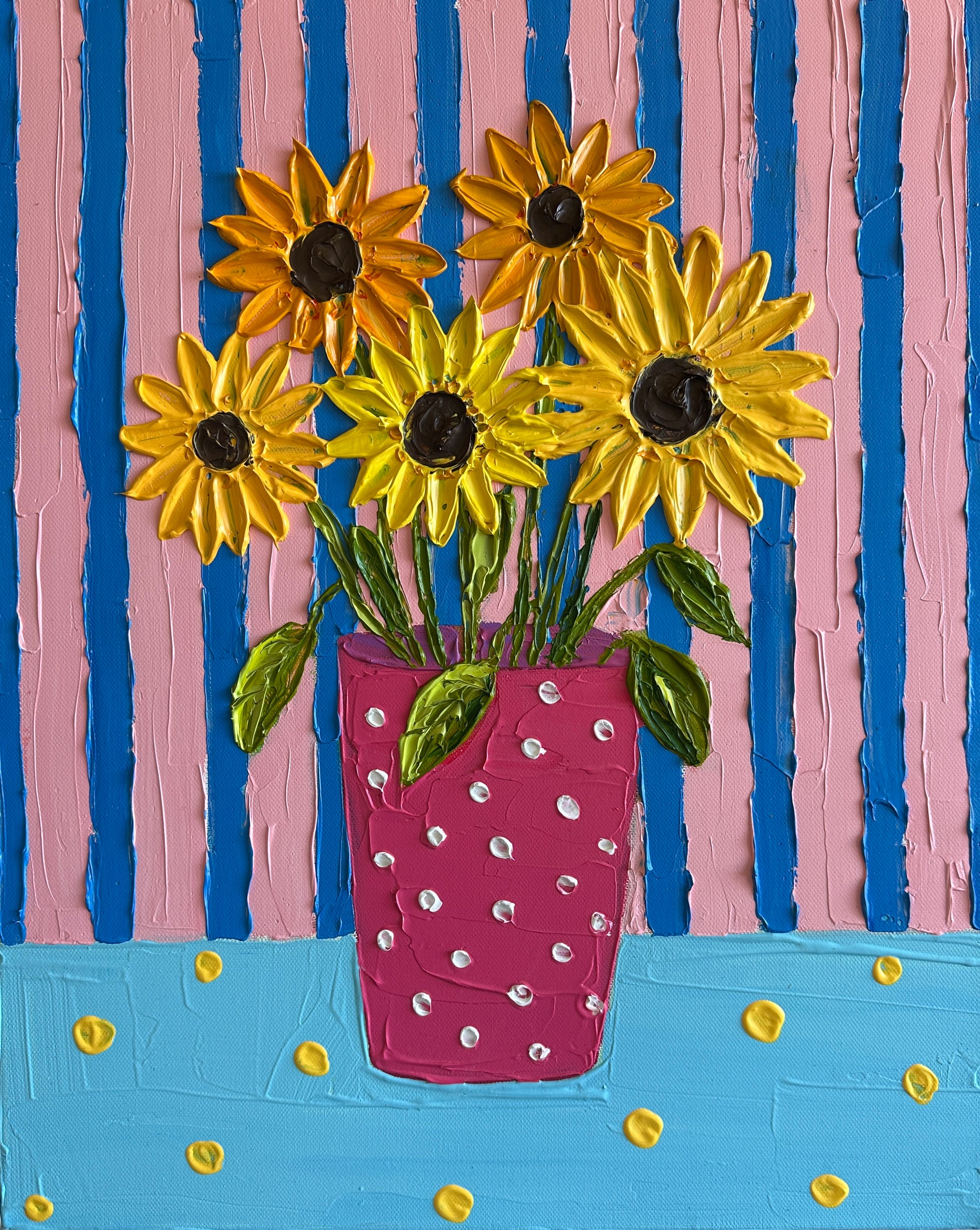 Artistic depiction of sunflowers in a polka dot vase against a striped background