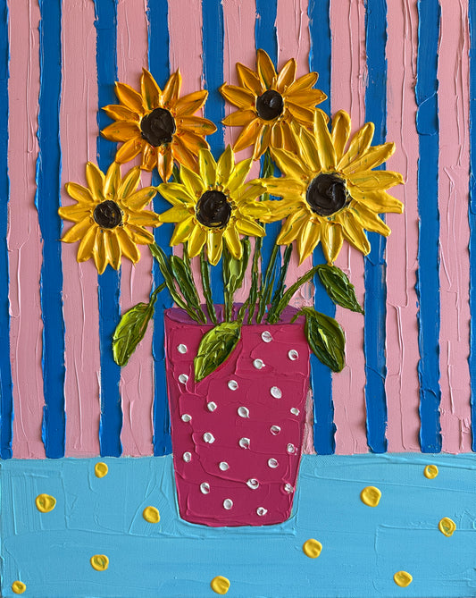 Artistic depiction of sunflowers in a polka dot vase against a striped background