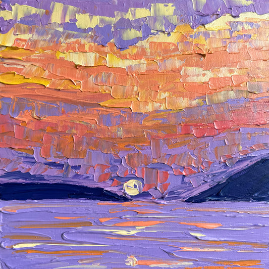 A vibrant acrylic painting on canvas featuring a sunset over the ocean with a pink and purple sky, and a silhouette of a mountain range on the right side.