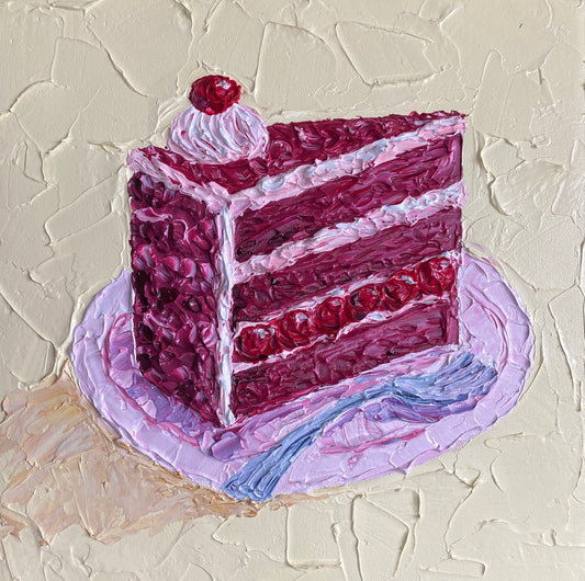 Painting of a slice of red velvet cake with white frosting on a textured beige background