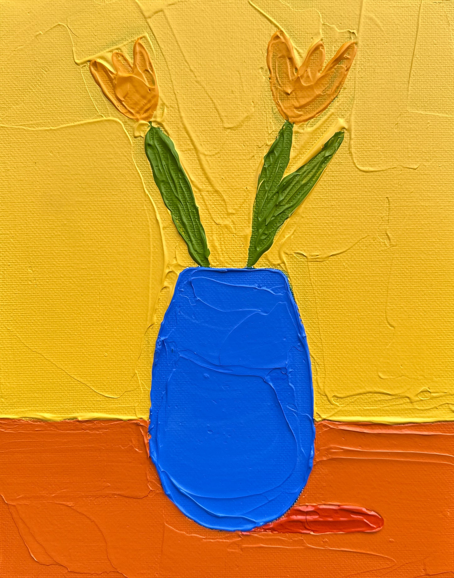 Painting of a blue vase with yellow tulips on a textured yellow and brown background