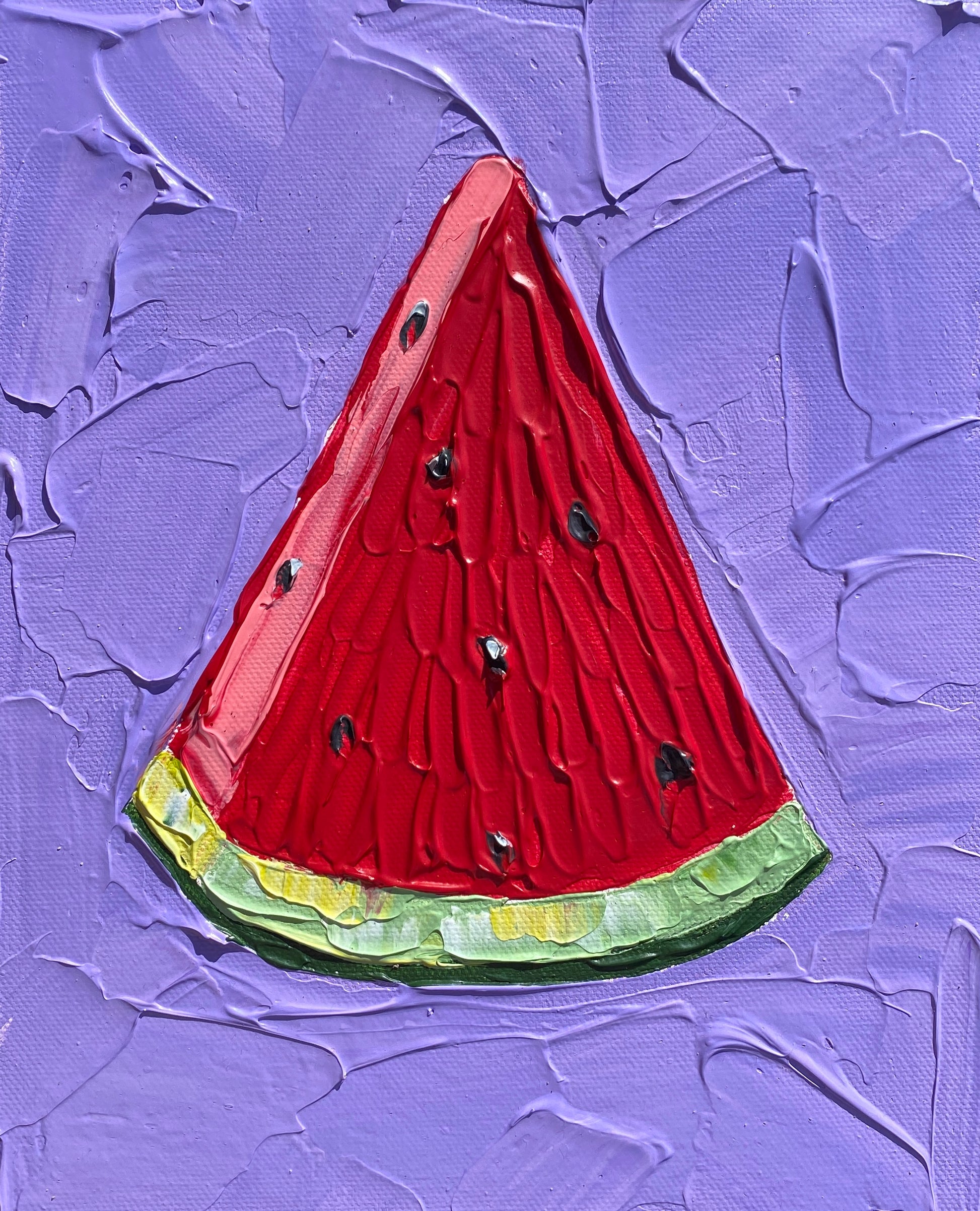 Painting of a watermelon slice on a textured purple background