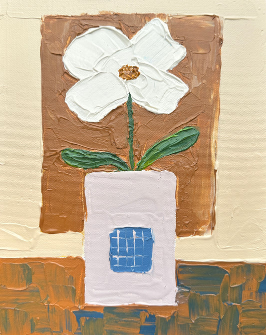 Painting of a white flower in a blue vase on a brown background