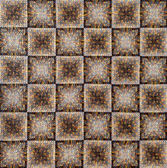 A close-up view of an abstract artwork featuring geometric square patterns in beige and brown tones on a textured background.