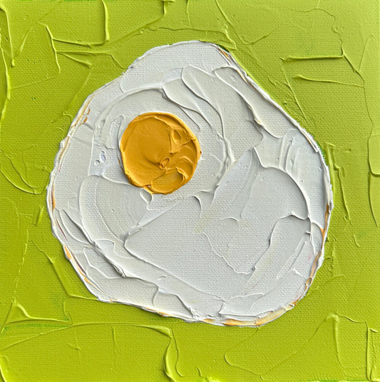 Artistic depiction of a fried egg with a textured green background