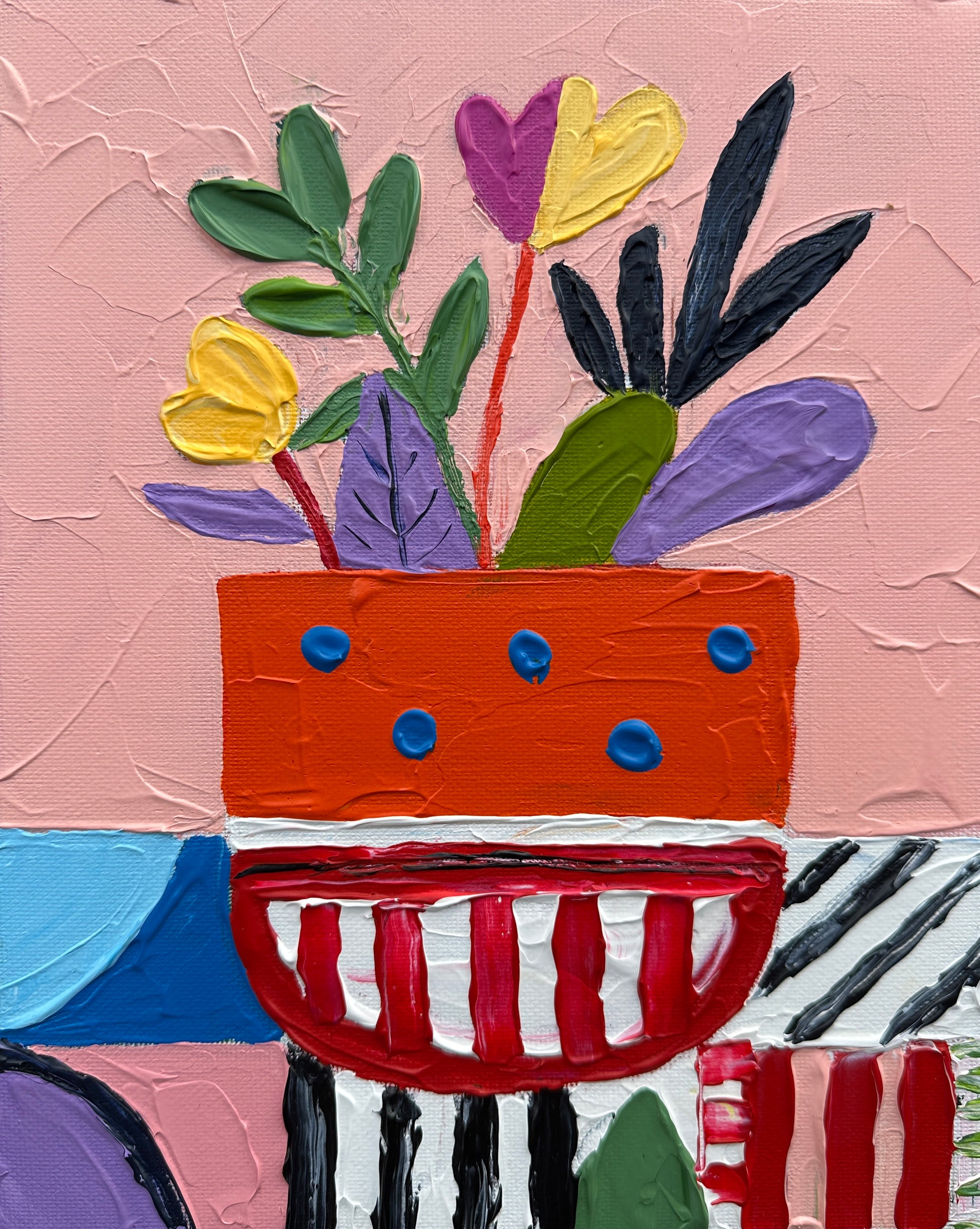 Colorful abstract painting of a vase with flowers on a pink background