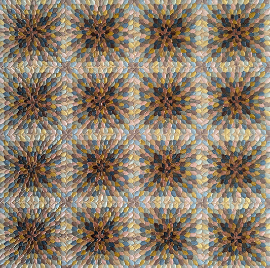 A close-up view of a beige, brown, and blue geometric abstract artwork