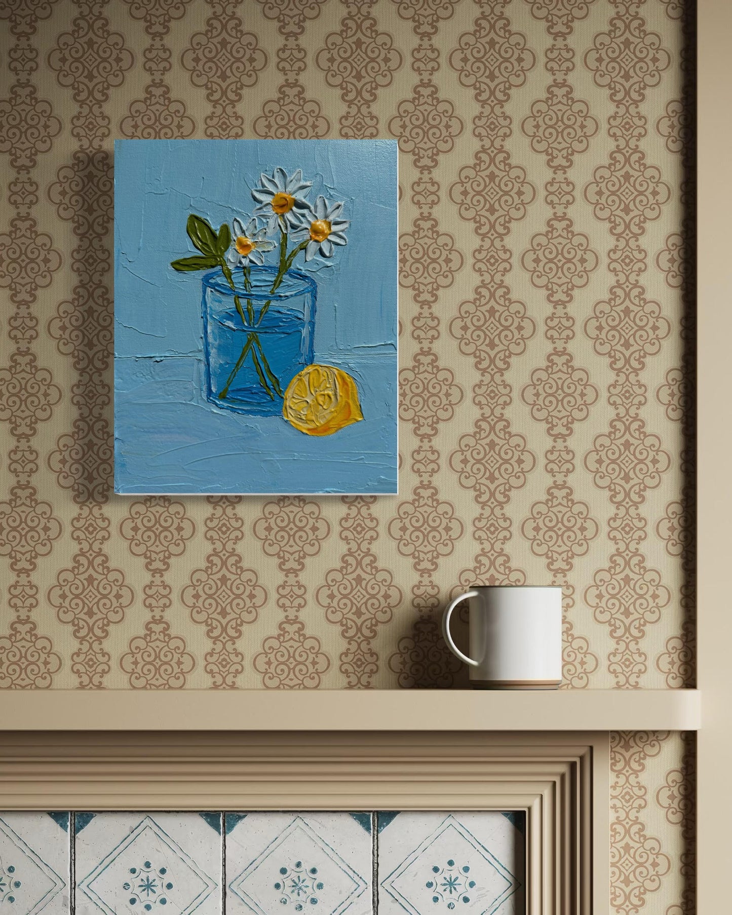LEMON AND DAISIES 20x25.4 cm acrylic on canvas original painting