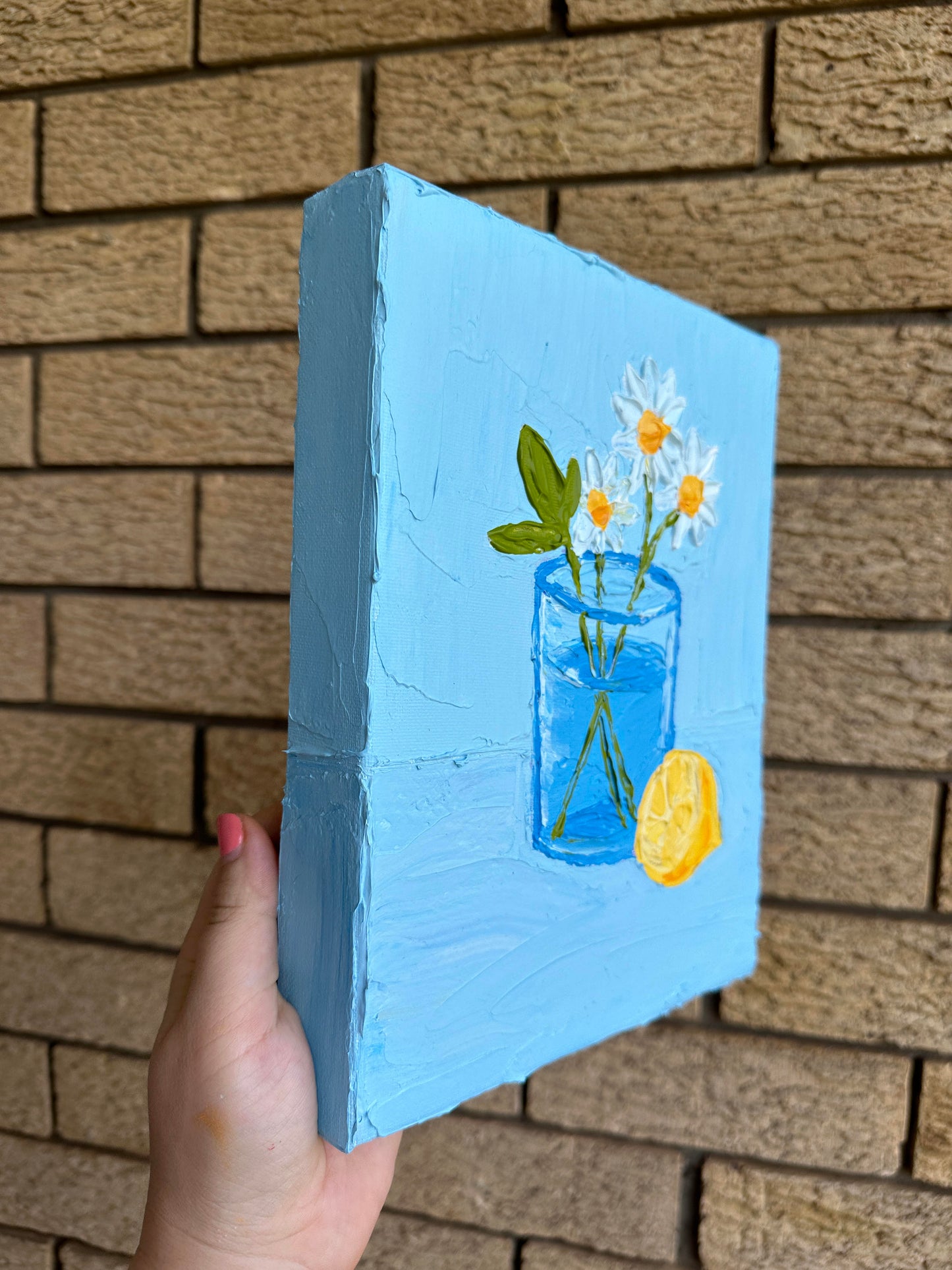 LEMON AND DAISIES 20x25.4 cm acrylic on canvas original painting