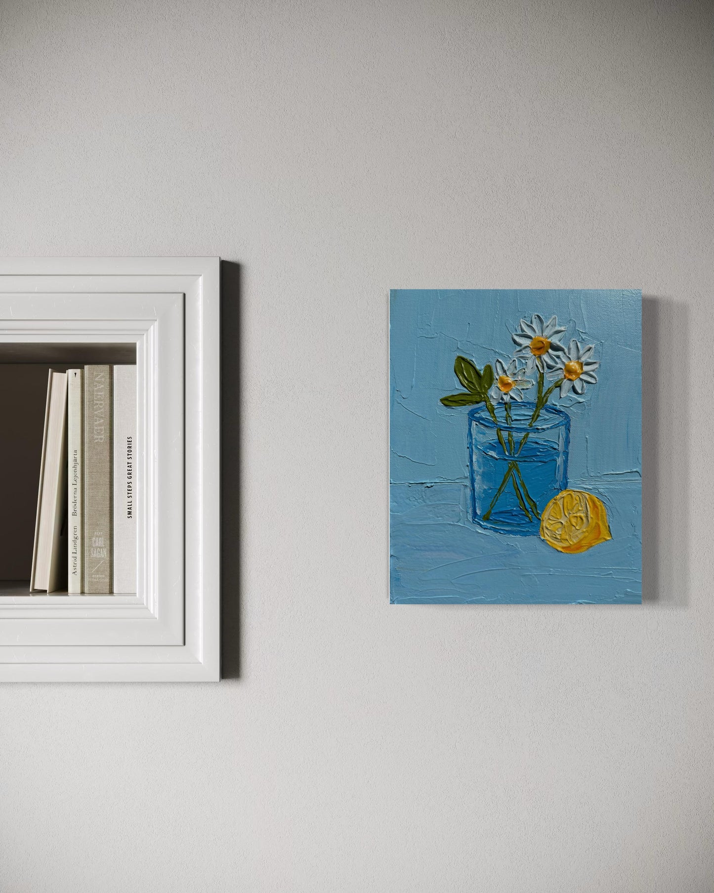 LEMON AND DAISIES 20x25.4 cm acrylic on canvas original painting