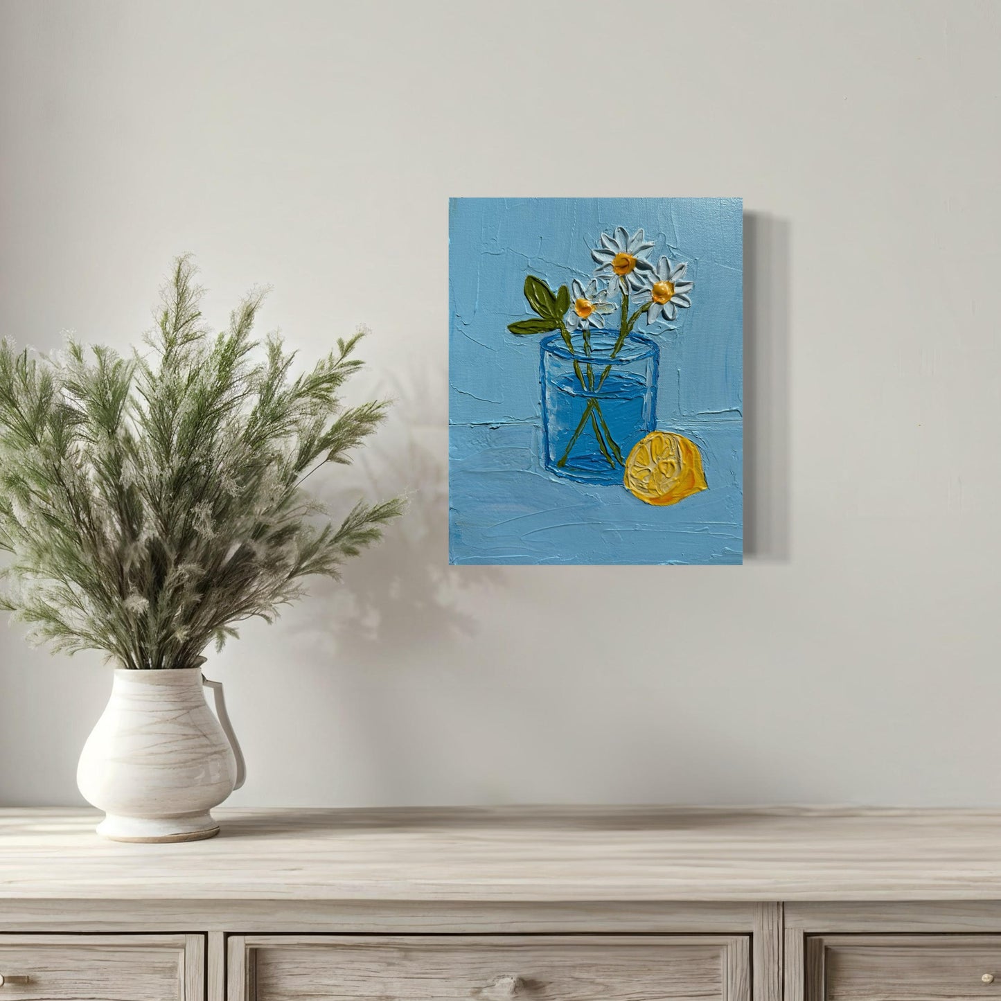 LEMON AND DAISIES 20x25.4 cm acrylic on canvas original painting
