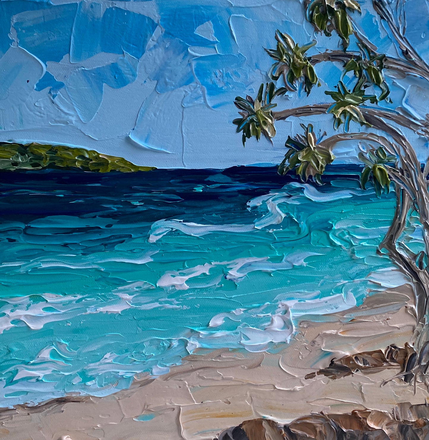 BEACH AND PANDANUS 30.5x30.5 cm acrylic on canvas original painting