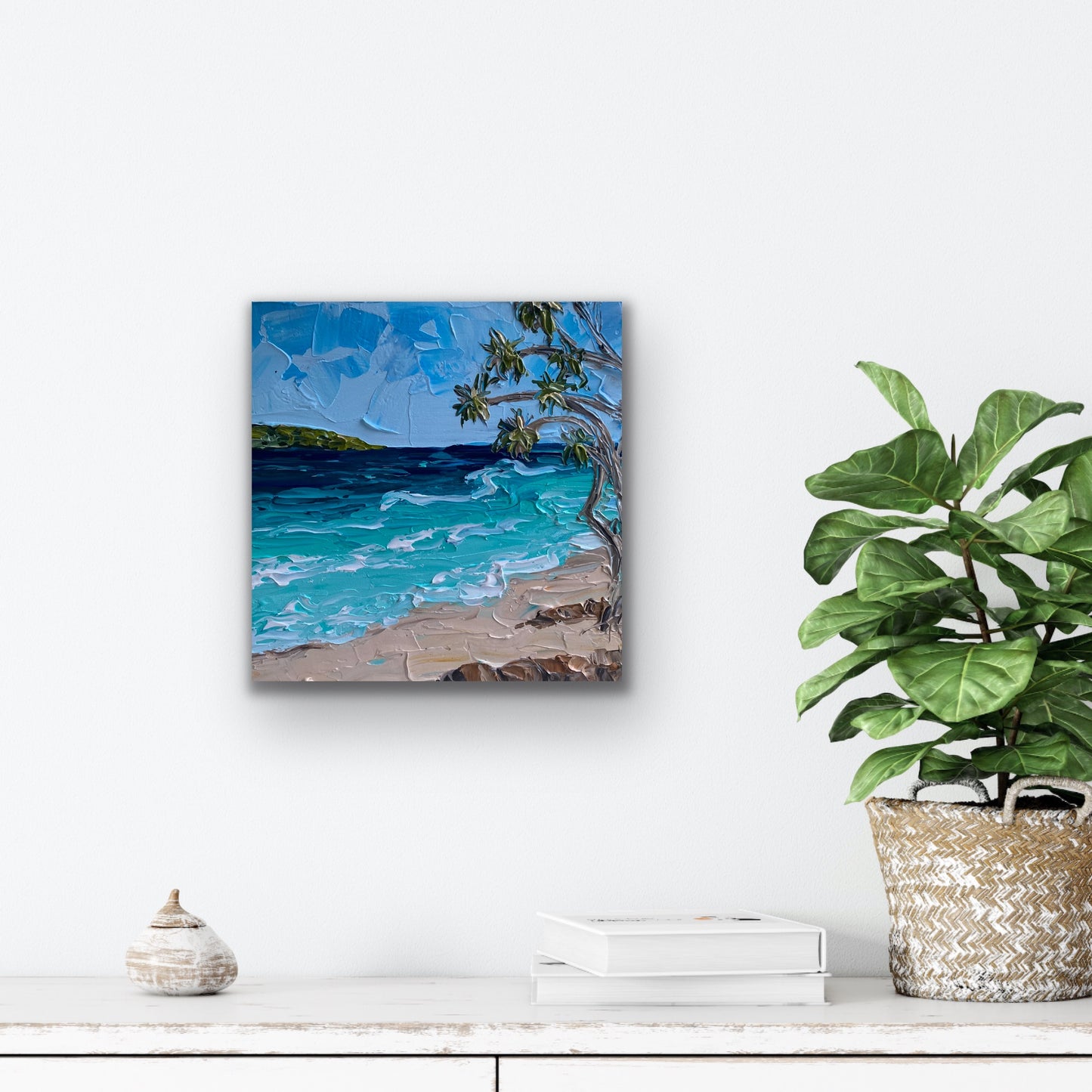 BEACH AND PANDANUS 30.5x30.5 cm acrylic on canvas original painting