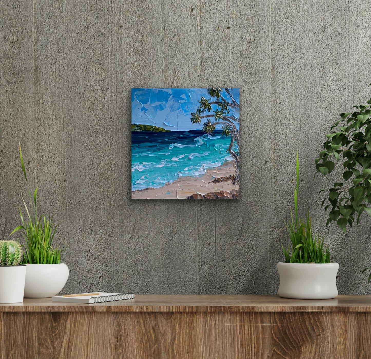 BEACH AND PANDANUS 30.5x30.5 cm acrylic on canvas original painting