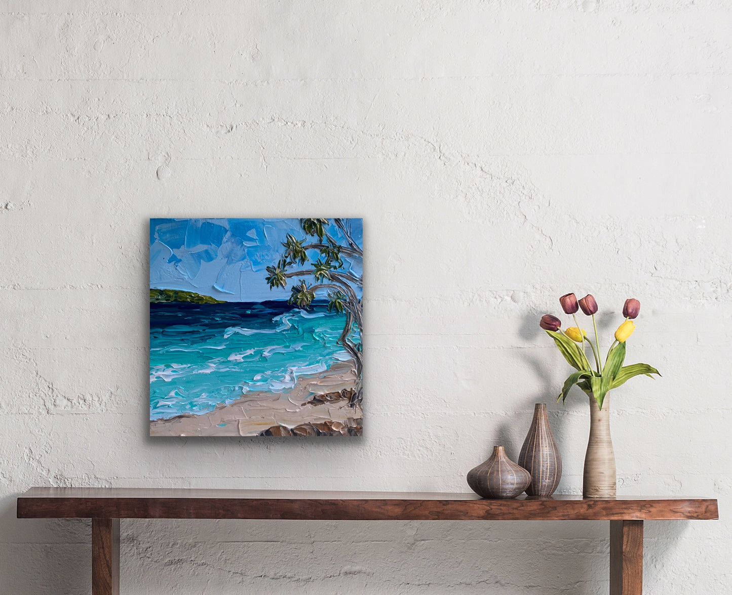 BEACH AND PANDANUS 30.5x30.5 cm acrylic on canvas original painting