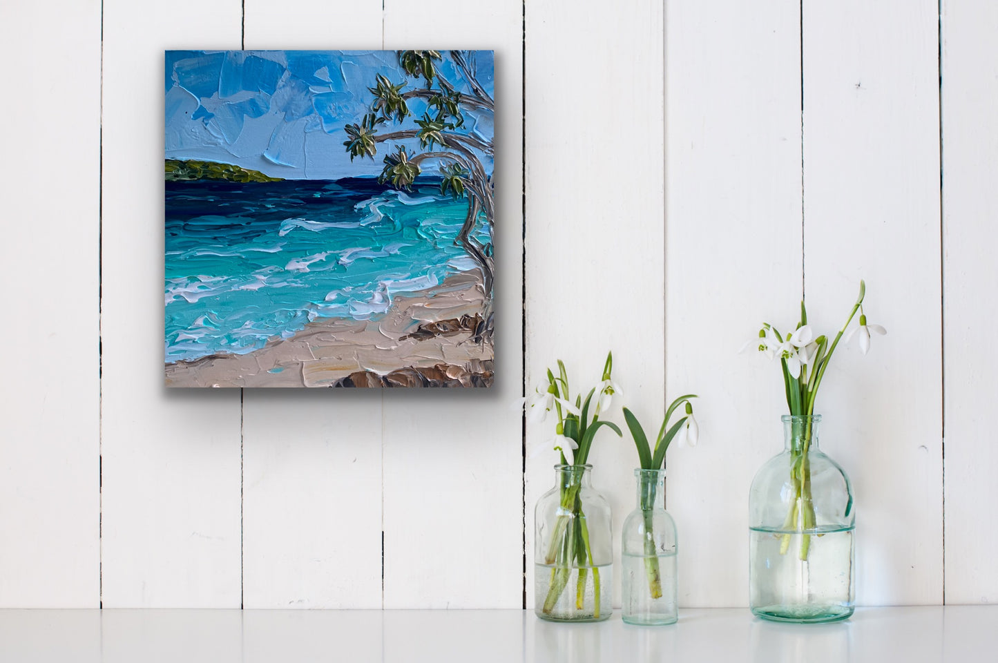 BEACH AND PANDANUS 30.5x30.5 cm acrylic on canvas original painting