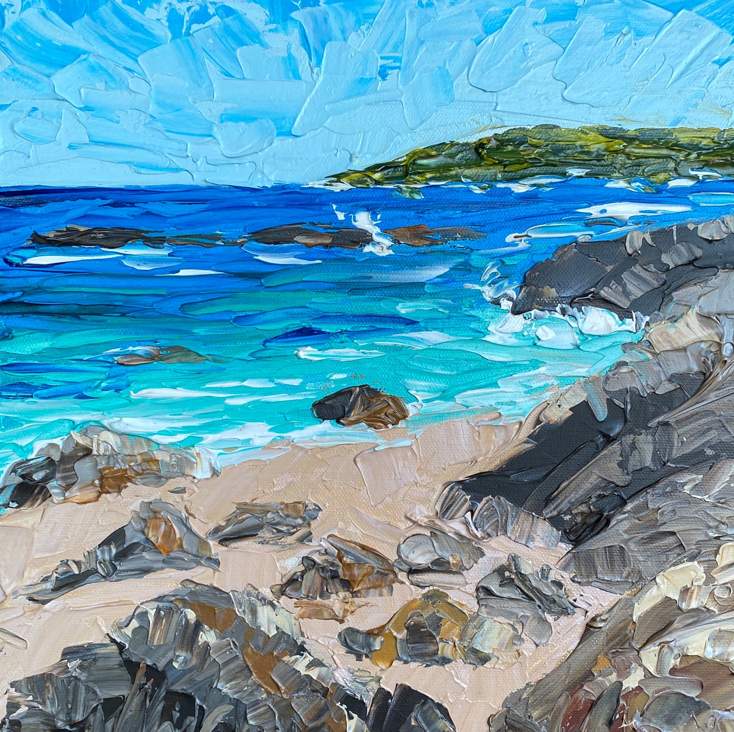 BEACH AND ROCKS 30.5x30.5 cm acrylic on canvas original painting