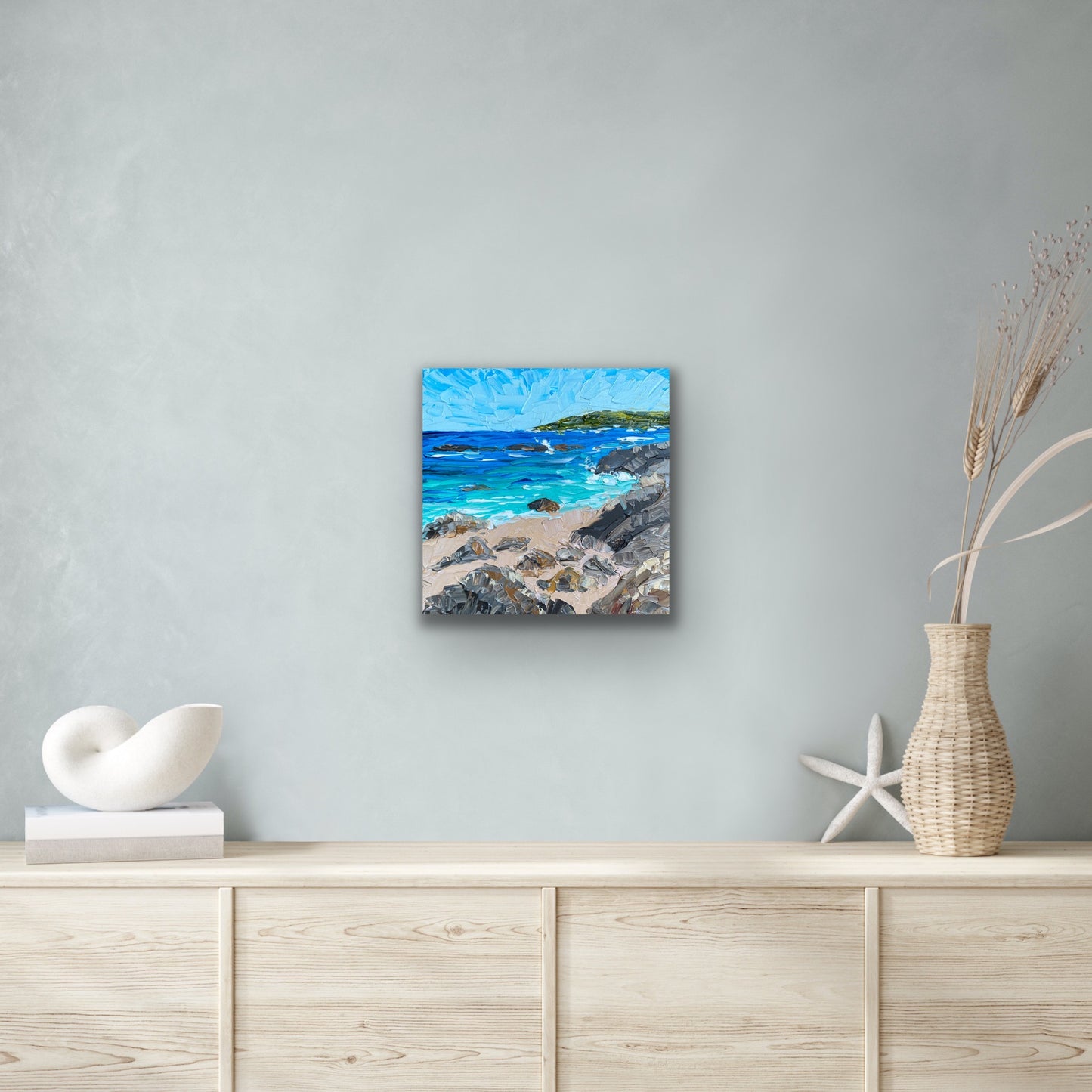 BEACH AND ROCKS 30.5x30.5 cm acrylic on canvas original painting