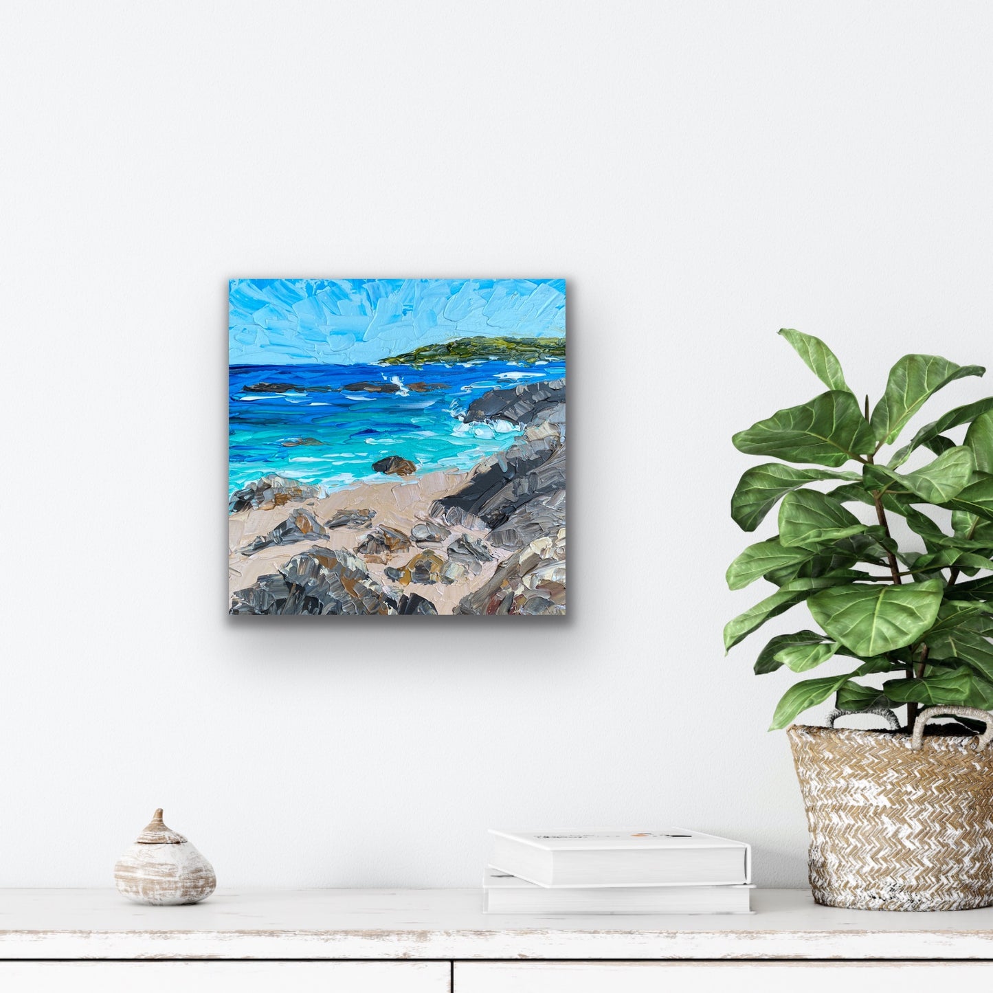 BEACH AND ROCKS 30.5x30.5 cm acrylic on canvas original painting