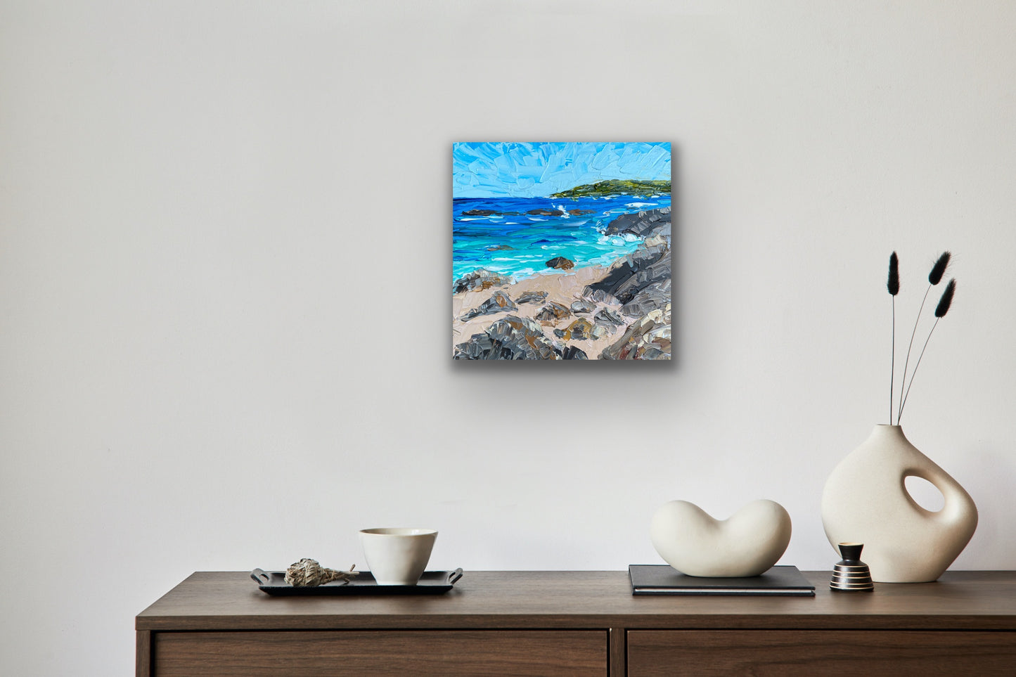 BEACH AND ROCKS 30.5x30.5 cm acrylic on canvas original painting