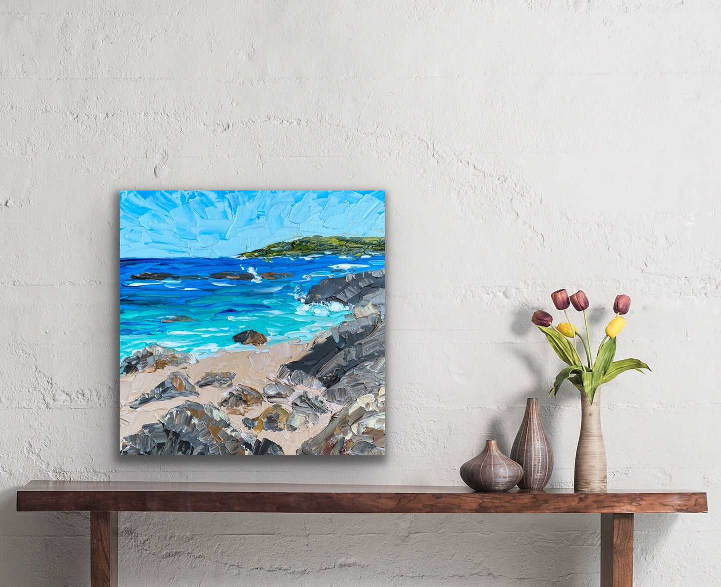 BEACH AND ROCKS 30.5x30.5 cm acrylic on canvas original painting