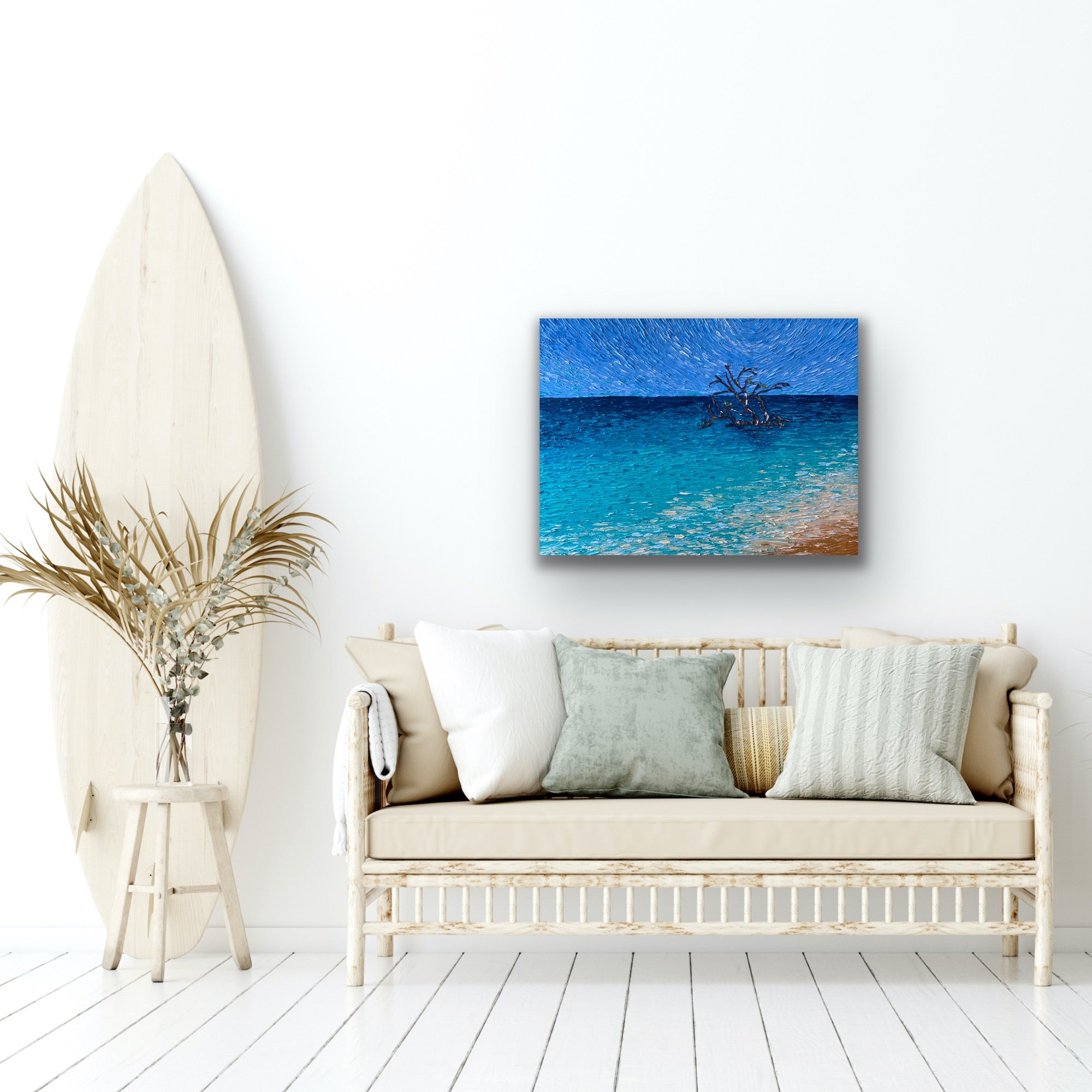 Original painting 20x50cm fashion on natural linen canvas. Varnished acrylic painting for wall decoration: parasols on the beach of Deauville