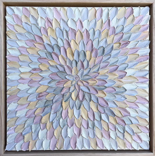 Framed abstract geometric optical art painting featuring various shades of beige, brown, and gray.