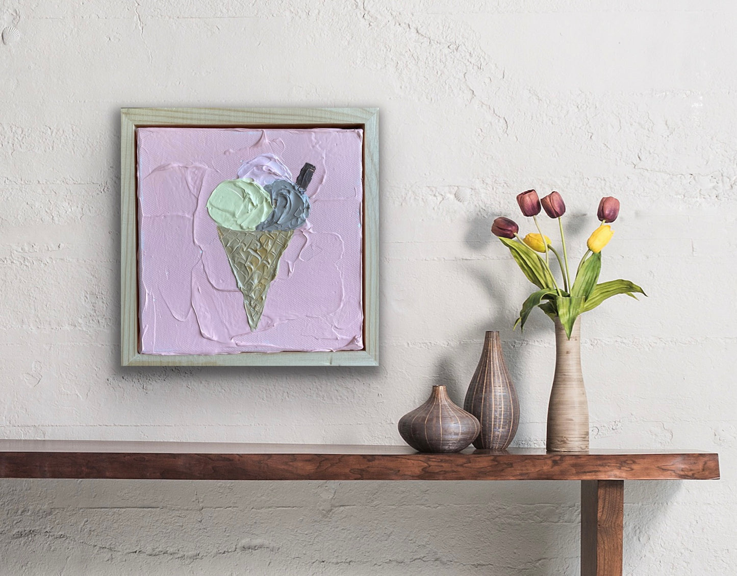 ICE CREAM ON PINK 18x18 cm acrylic on canvas original painting FRAMED