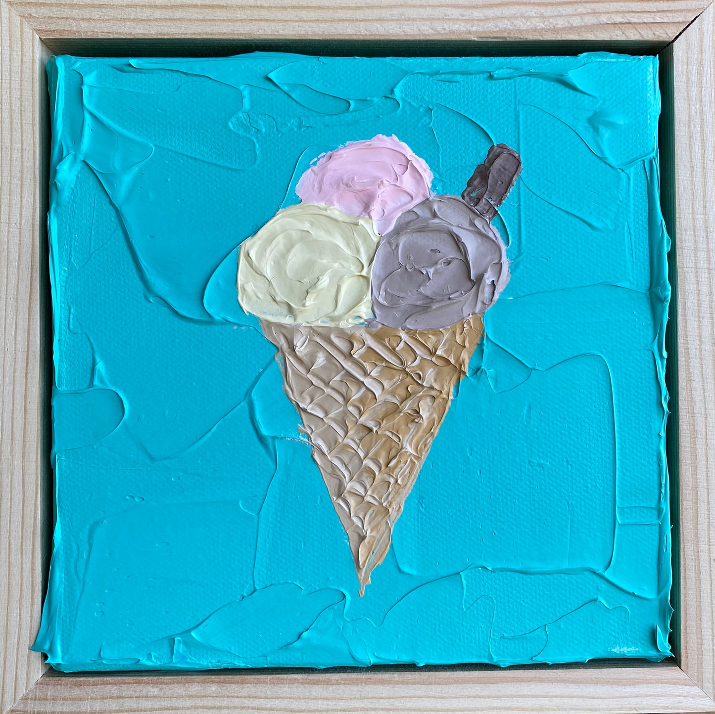 ICE CREAM ON TEAL 18x18 cm acrylic on canvas original painting FRAMED