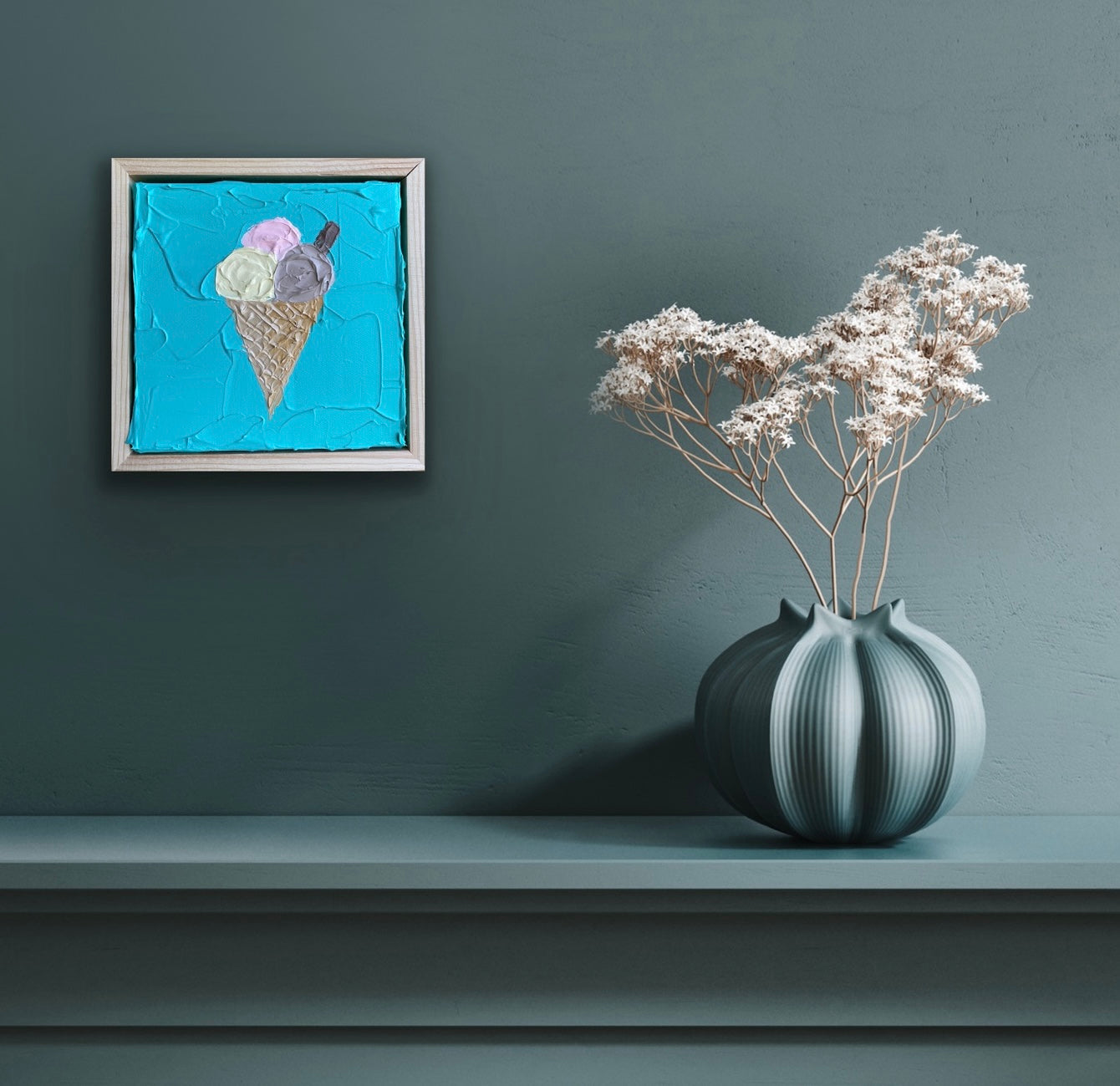 ICE CREAM ON TEAL 18x18 cm acrylic on canvas original painting FRAMED