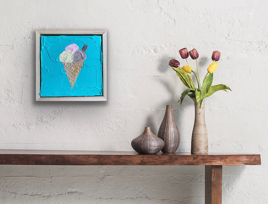 ICE CREAM ON TEAL 18x18 cm acrylic on canvas original painting FRAMED