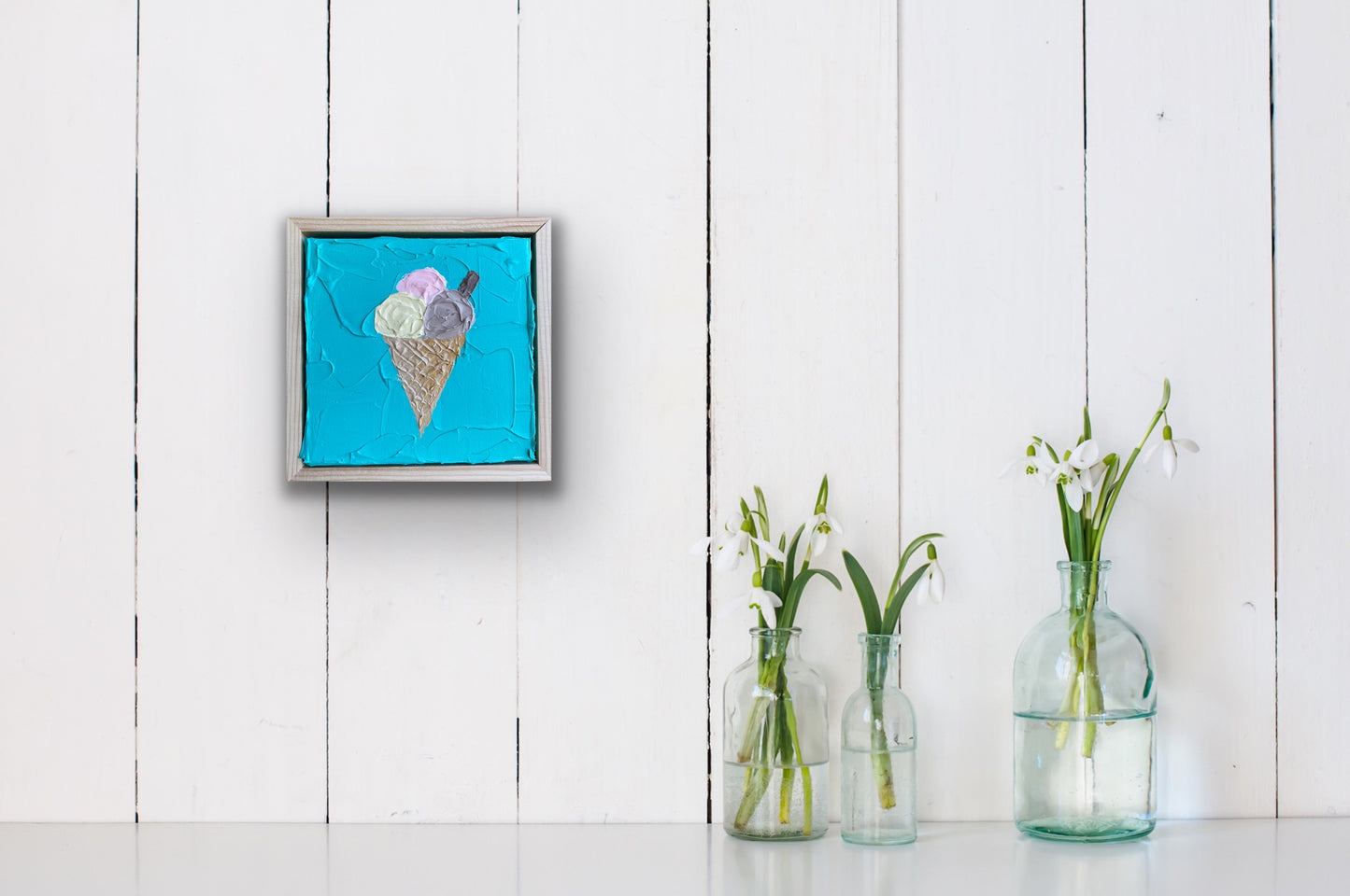 ICE CREAM ON TEAL 18x18 cm acrylic on canvas original painting FRAMED