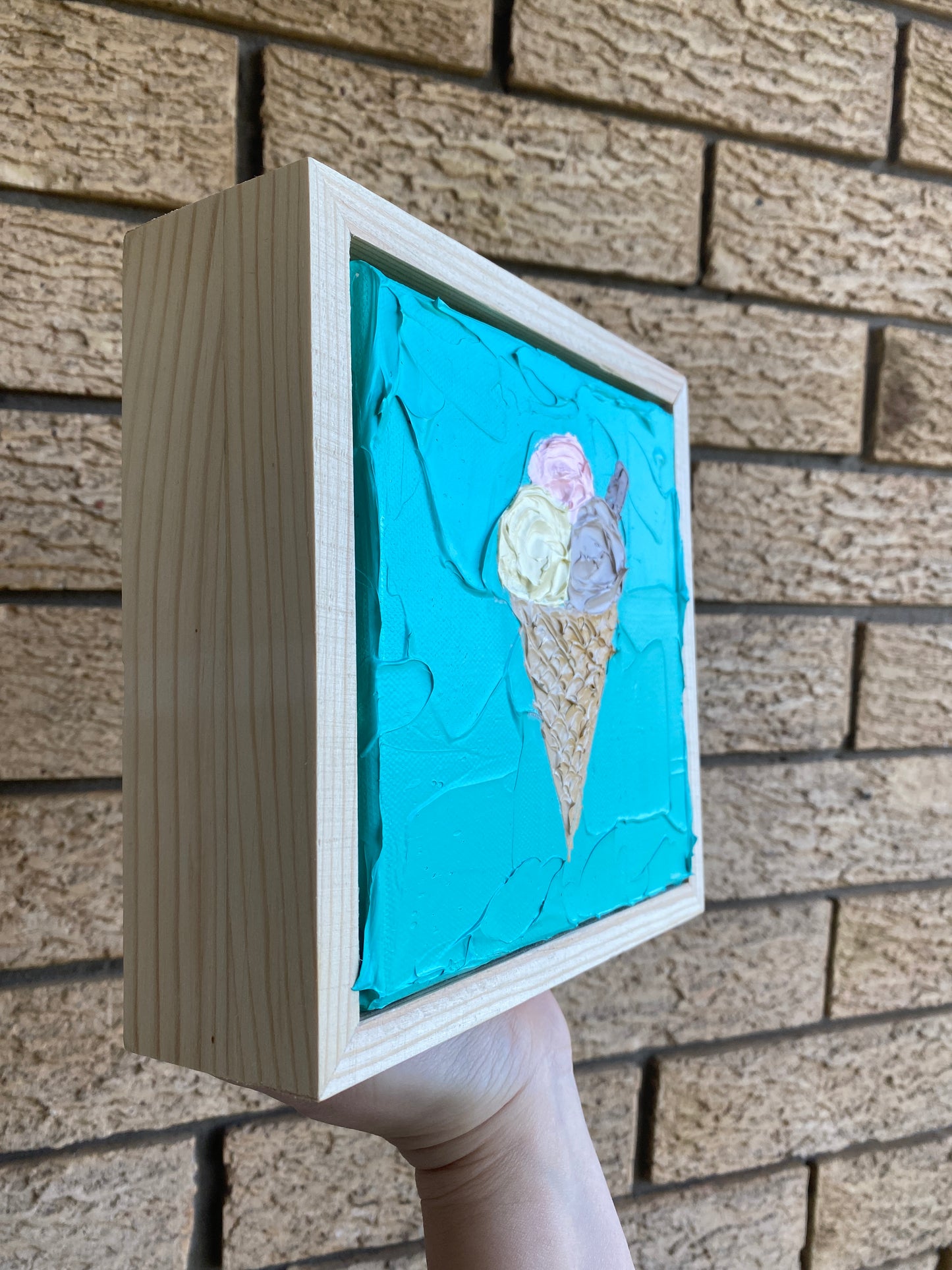 ICE CREAM ON TEAL 18x18 cm acrylic on canvas original painting FRAMED