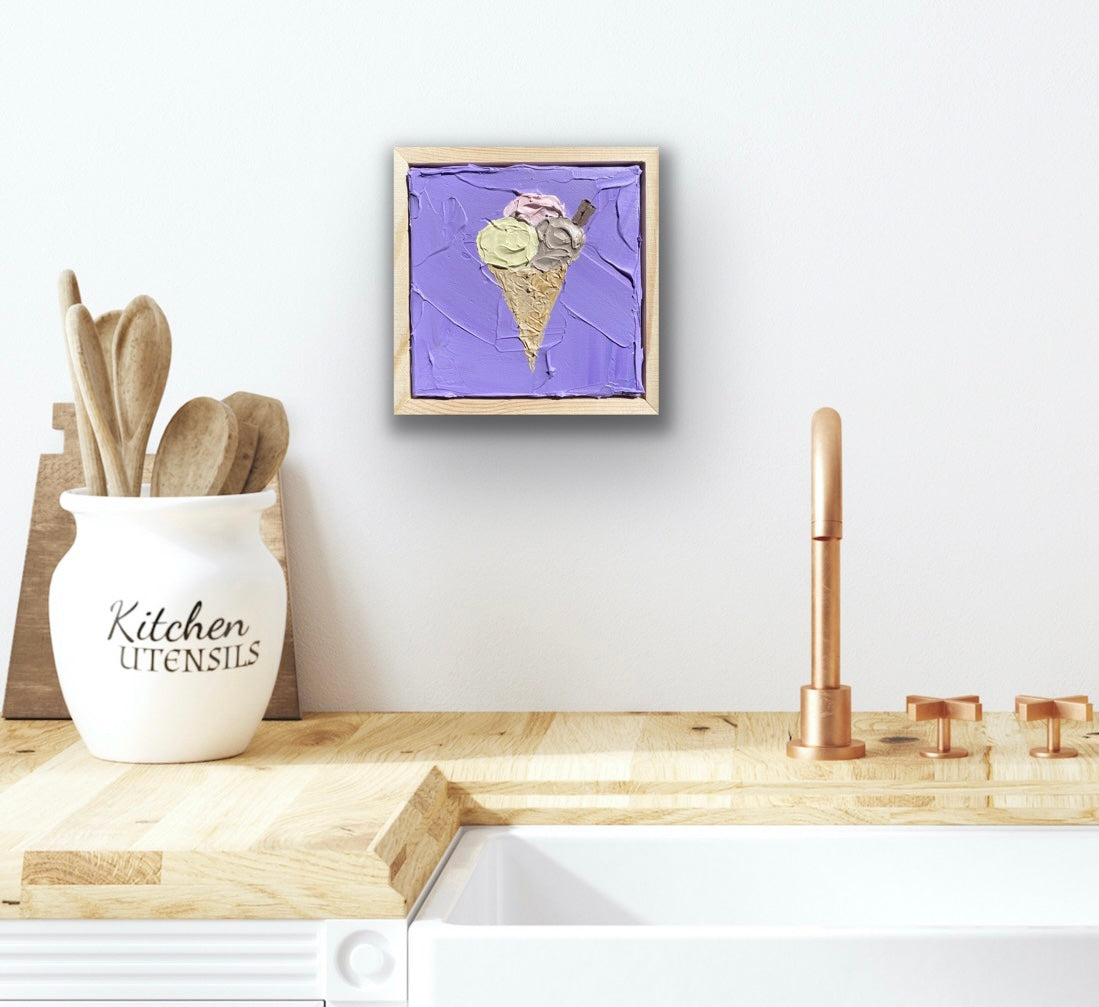 ICE CREAM ON PURPLE 18x18 cm acrylic on canvas original painting FRAMED