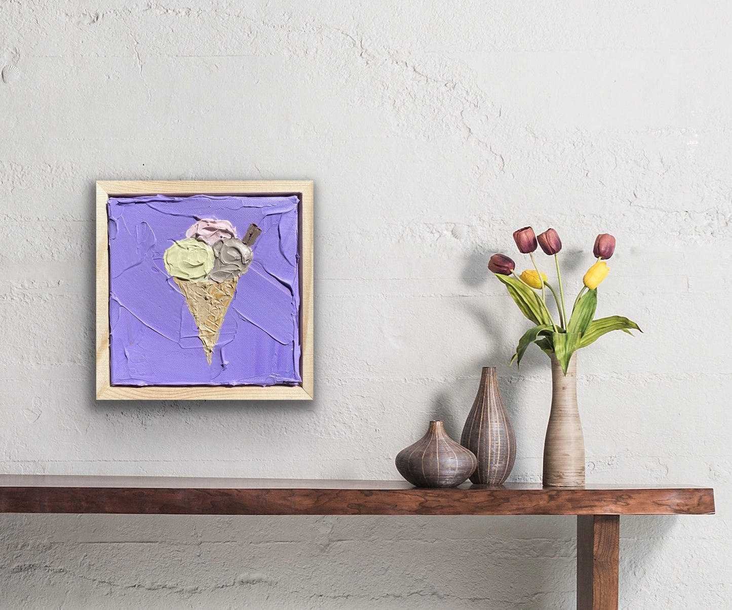 ICE CREAM ON PURPLE 18x18 cm acrylic on canvas original painting FRAMED