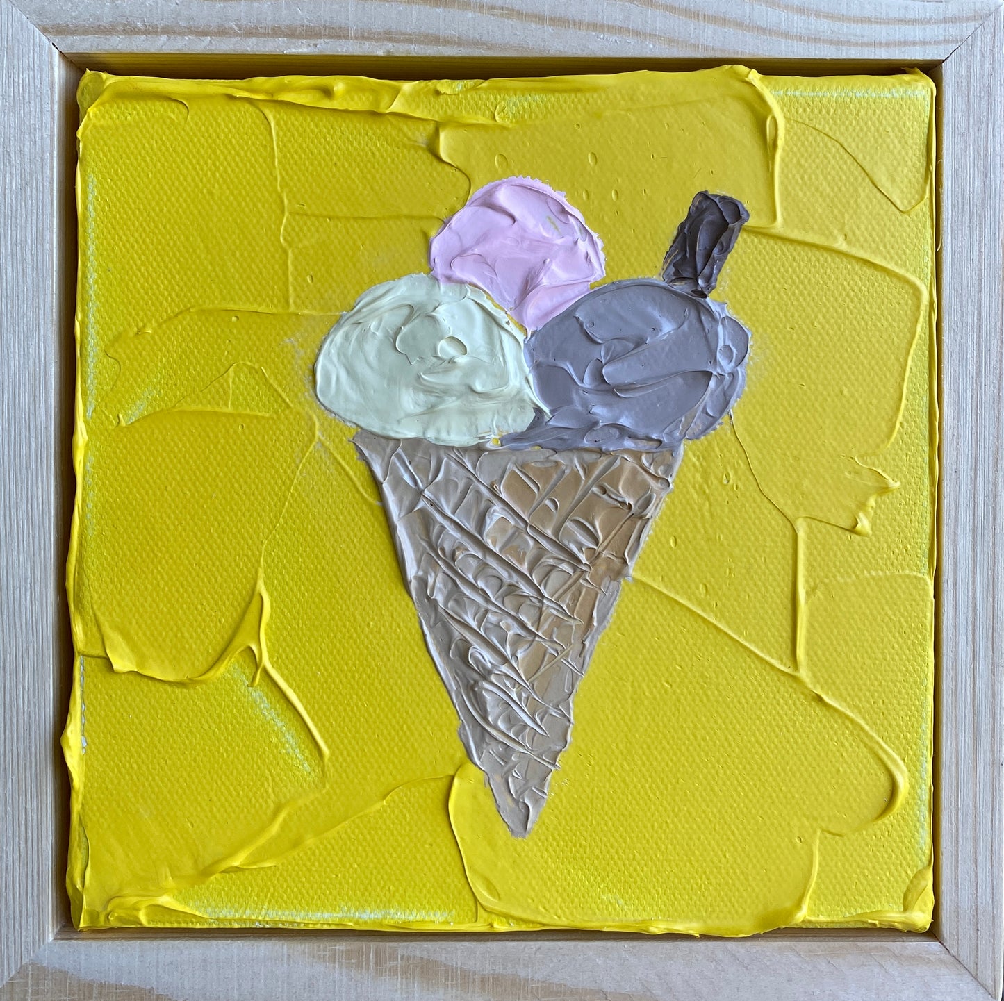 ICE CREAM ON YELLOW 18x18 cm acrylic on canvas original painting FRAMED