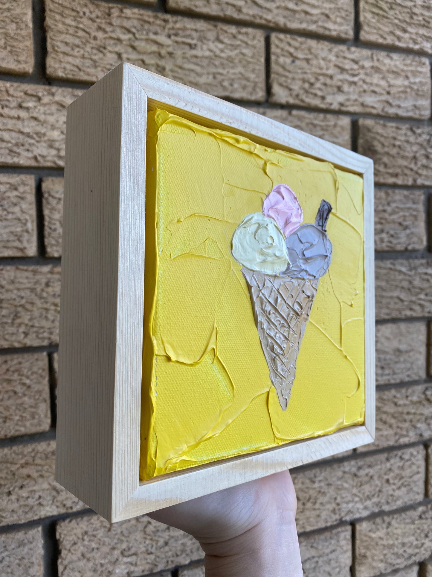 ICE CREAM ON YELLOW 18x18 cm acrylic on canvas original painting FRAMED