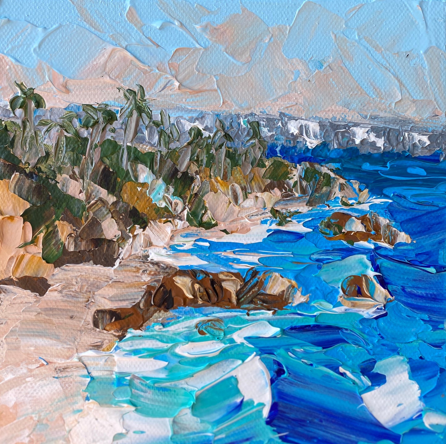 PALMS, ROCKS, BEACH 15x15 cm acrylic on canvas original painting